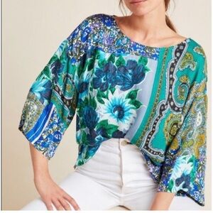 TINY Anthropologie Blue Green Floral Boho Blouse Size‎ Small